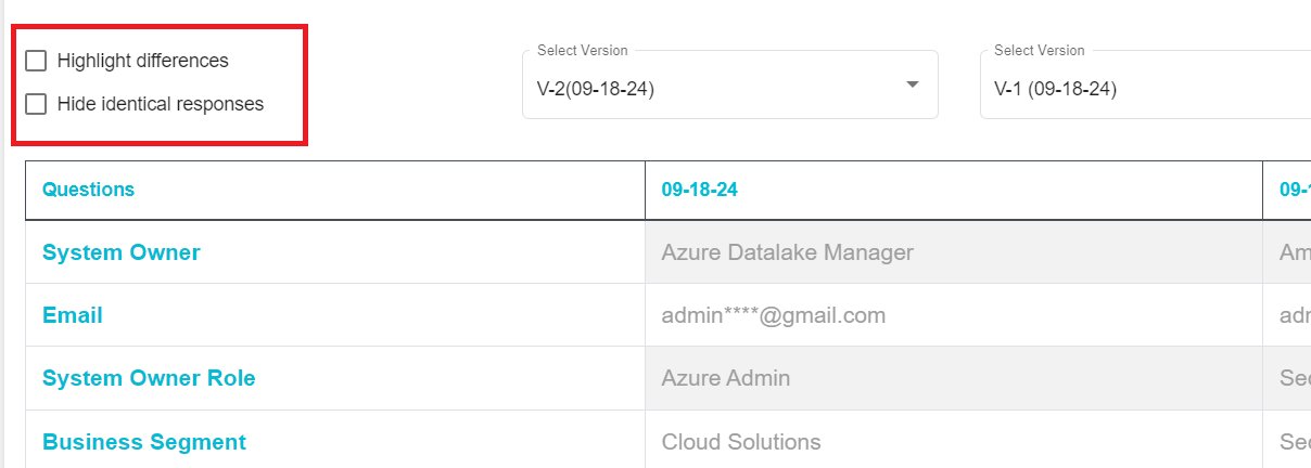 Image highlighting the Highlight the differences and the Hide Identical Responses options