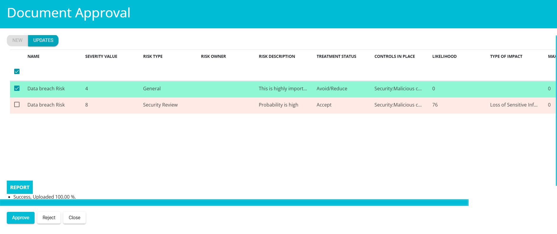 screenshot showing existing reports