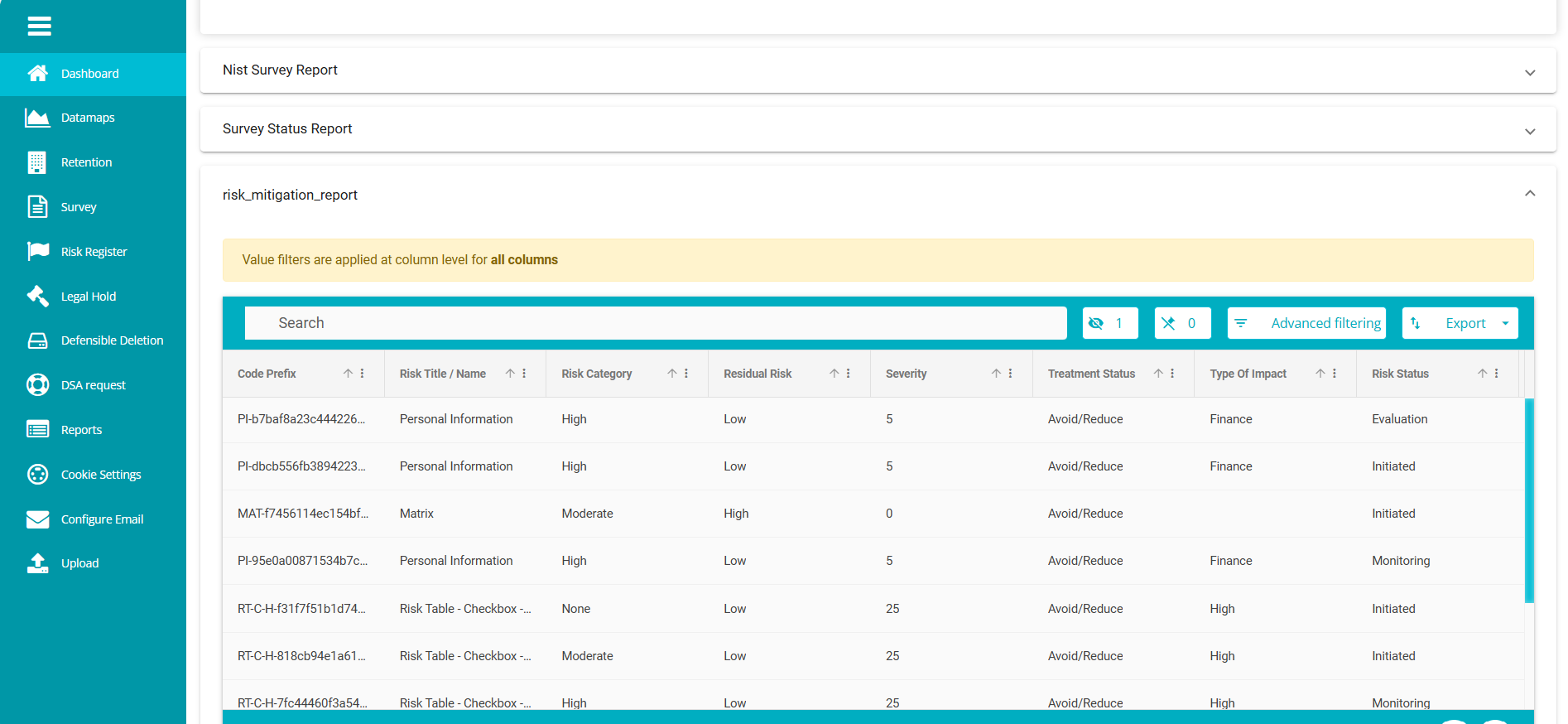 Image of Report displayed in grid format on main dashbaord