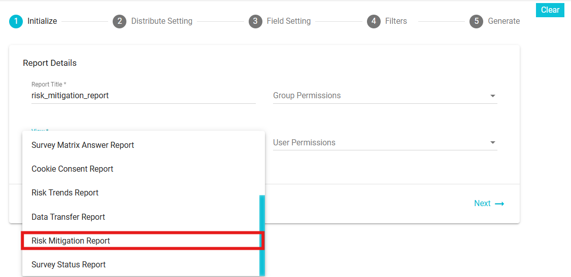 image displaying the selection of  Risk Mitigation Report from the drop-down 