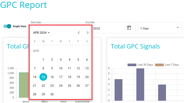 screenshot showing Start and End date options